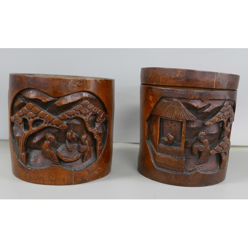 2328 - Two Chinese brush pots, one lacking lid