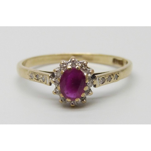 7017 - A 9ct gold, ruby and diamond ring, 1.5g, O/P