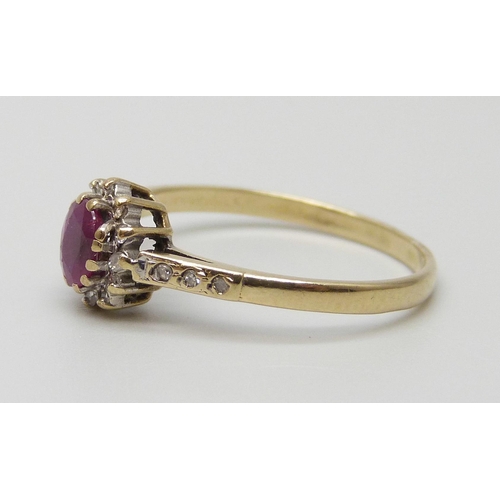 7017 - A 9ct gold, ruby and diamond ring, 1.5g, O/P