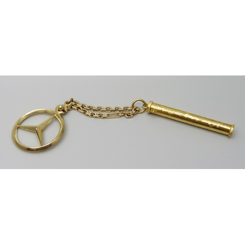 7018 - A yellow metal toothpick/ear scoop with Chinese marks on a 14ct gold chain with Mercedes Benz pendan... 