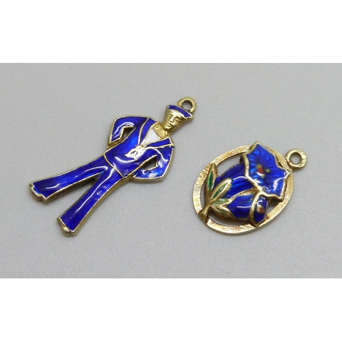 7028 - A hallmarked 9ct gold and enamel sailor charm and one other enamelled charm, sailor 1g and enamel a/... 