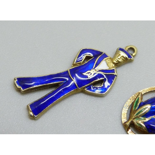 7028 - A hallmarked 9ct gold and enamel sailor charm and one other enamelled charm, sailor 1g and enamel a/... 