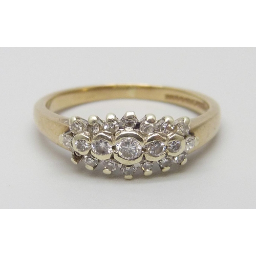 7042 - A 9ct gold and diamond ring, one stone missing, 2.4g, L