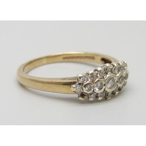 7042 - A 9ct gold and diamond ring, one stone missing, 2.4g, L