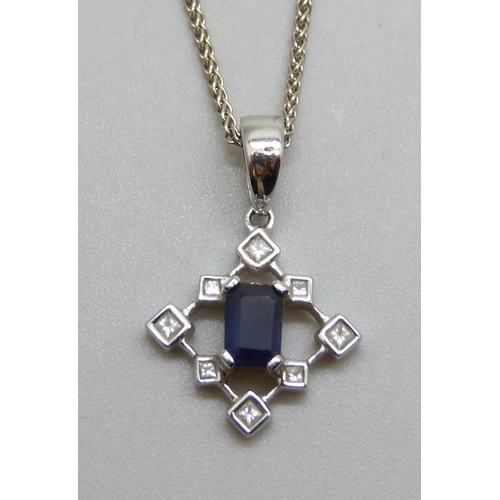 7057 - An 18ct white gold, sapphire and diamond pendant and 18ct white gold chain, 3.9g, chain 40cm