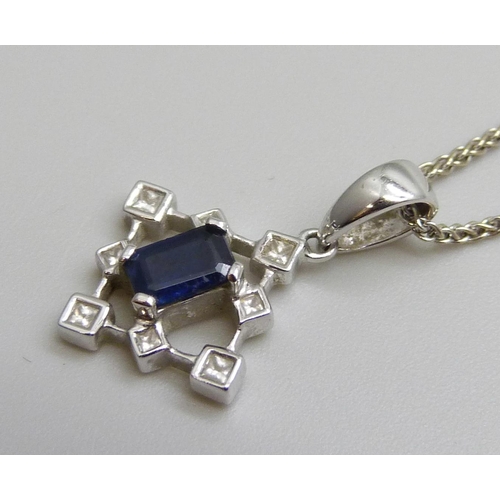 7057 - An 18ct white gold, sapphire and diamond pendant and 18ct white gold chain, 3.9g, chain 40cm