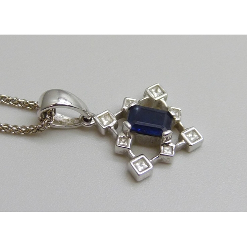 7057 - An 18ct white gold, sapphire and diamond pendant and 18ct white gold chain, 3.9g, chain 40cm