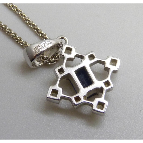 7057 - An 18ct white gold, sapphire and diamond pendant and 18ct white gold chain, 3.9g, chain 40cm