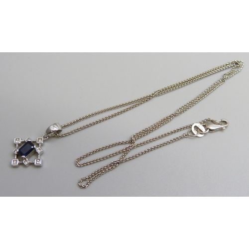 7057 - An 18ct white gold, sapphire and diamond pendant and 18ct white gold chain, 3.9g, chain 40cm