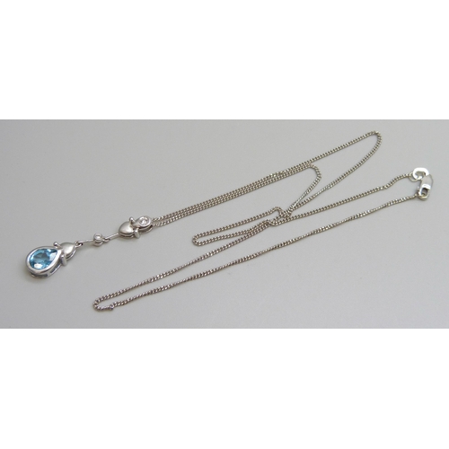 7066 - An 18ct white gold, topaz and diamond pendant and 18ct white gold chain, 4.9g, chain 45cm