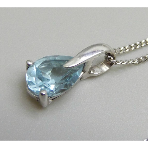 7073 - A 9ct gold and aquamarine pendant and chain, 2.2g, 45cm