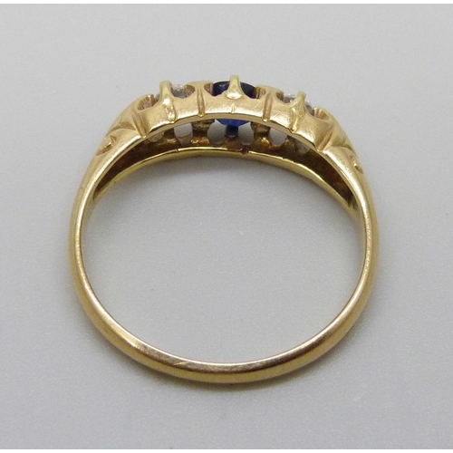 7081 - A Victorian 18ct gold, diamond and sapphire ring, 3.4g, M