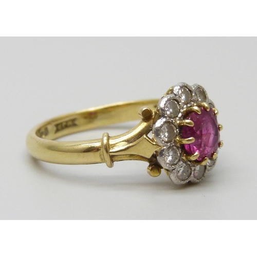 7084 - An 18ct gold, ruby and diamond cluster ring, 4g, O