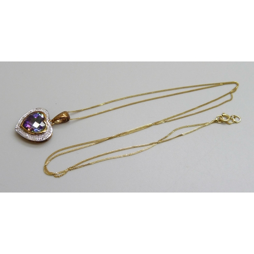 7085 - A 9ct gold, mystic topaz and diamond pendant and chain, 2g, chain 44cm