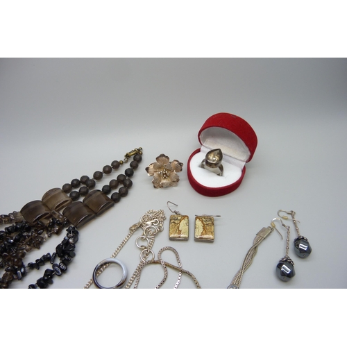 7119 - A collection of silver, white metal and stone set jewellery, bead necklace, etc.