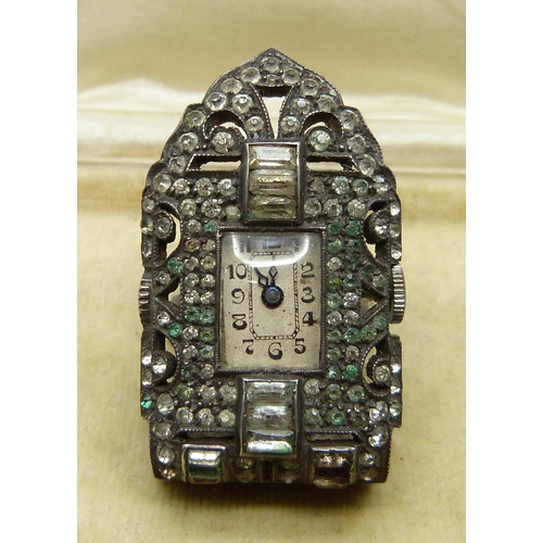 7120 - A silver and paste Art Deco dress clip watch with 15J movement, London 1931