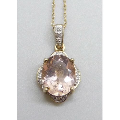 7121 - A 9ct yellow gold morganite and diamond pendant on a 9ct chain, 2.7g