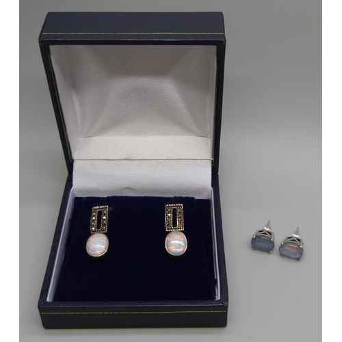 7125 - A pair of silver synthetic opal and marcasite earrings and a pair of silver and opal triplet earring... 