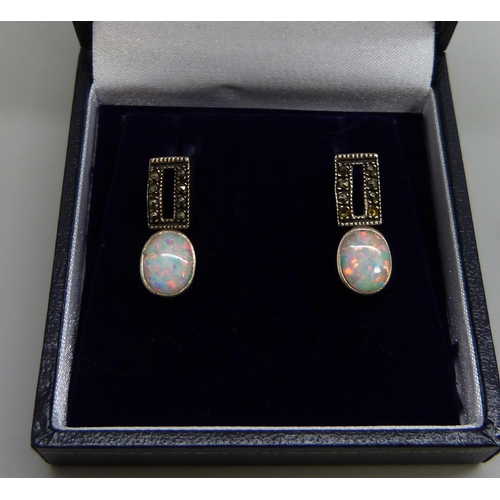 7125 - A pair of silver synthetic opal and marcasite earrings and a pair of silver and opal triplet earring... 