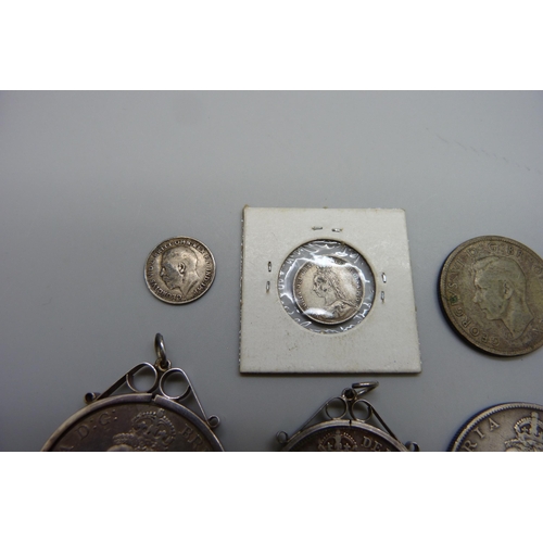 7137 - Two Victorian crowns, 1887 and 1891, one mounted, a double florin, a half-crown, two shillings, six ... 