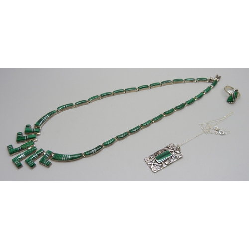 7141 - A malachite set silver ring, necklet and pendant, ring size N/O