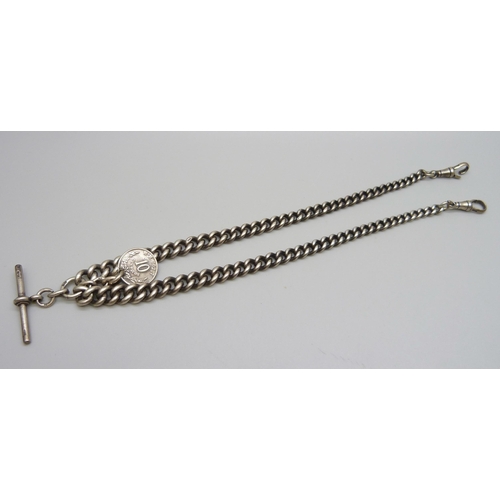 7143 - A silver double Albert watch chain, each graduated link marked, 61g, 40cm, one clip a/f