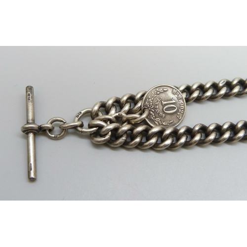 7143 - A silver double Albert watch chain, each graduated link marked, 61g, 40cm, one clip a/f