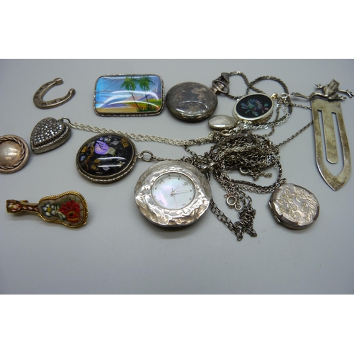 7150 - A collection of silver and silver mounted jewellery, a novelty silver frog bookmark and a micro-mosa... 