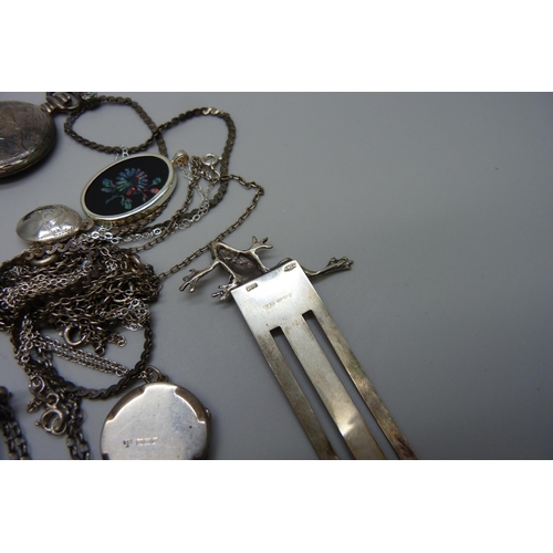 7150 - A collection of silver and silver mounted jewellery, a novelty silver frog bookmark and a micro-mosa... 