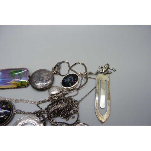 7150 - A collection of silver and silver mounted jewellery, a novelty silver frog bookmark and a micro-mosa... 