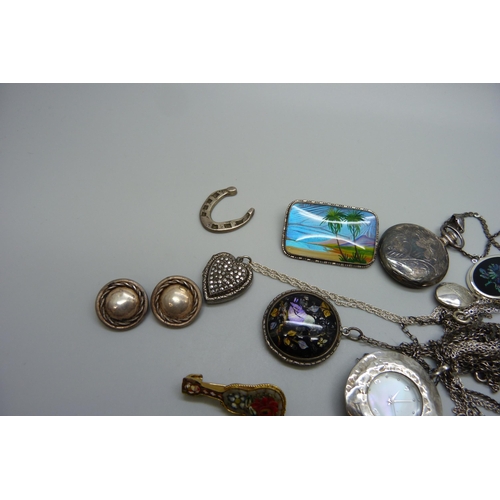 7150 - A collection of silver and silver mounted jewellery, a novelty silver frog bookmark and a micro-mosa... 