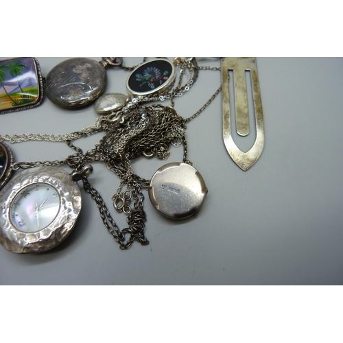 7150 - A collection of silver and silver mounted jewellery, a novelty silver frog bookmark and a micro-mosa... 