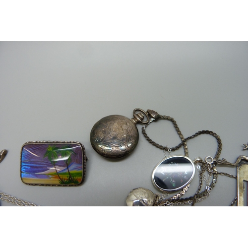 7150 - A collection of silver and silver mounted jewellery, a novelty silver frog bookmark and a micro-mosa... 