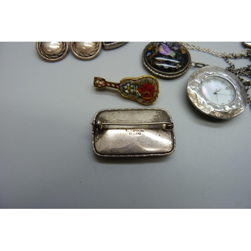 7150 - A collection of silver and silver mounted jewellery, a novelty silver frog bookmark and a micro-mosa... 