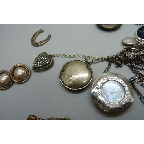 7150 - A collection of silver and silver mounted jewellery, a novelty silver frog bookmark and a micro-mosa... 