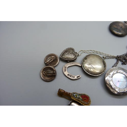 7150 - A collection of silver and silver mounted jewellery, a novelty silver frog bookmark and a micro-mosa... 