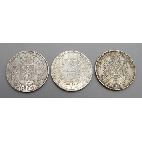 7162 - 1873 French 5 francs 90% silver, 1873 Belgium 5 francs 90% silver, 1869 French 5 francs 90% silver, ... 