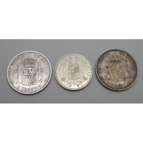 7172 - 1888 Spanish 5 pesetas 90% silver, 1898 Spanish 5 pesetas 90% silver, 1949 Spanish 5 pesetas (49 in ... 