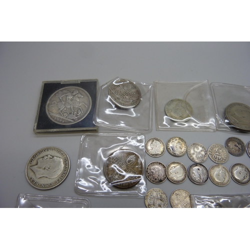 7180 - A Victorian 1899 crown, an 1837 5 Francs coin and other silver coins, 208.8g