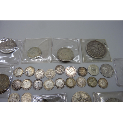 7180 - A Victorian 1899 crown, an 1837 5 Francs coin and other silver coins, 208.8g