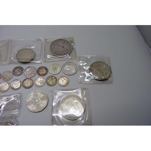 7180 - A Victorian 1899 crown, an 1837 5 Francs coin and other silver coins, 208.8g