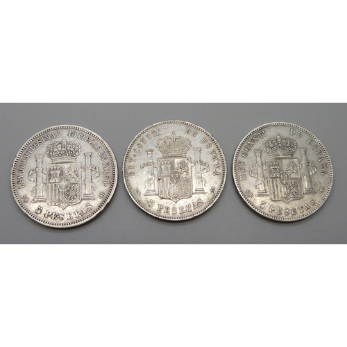 7181 - Coins; 1871 Spanish 5 pesetas 90% silver, 1884 Spanish 5 pesetas 90% silver, 1898 Spanish 5 pesetas ... 