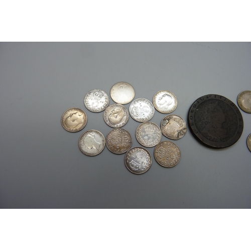 7187 - A collection of 3d coins, half silver and full silver, 1797 cartwheel penny