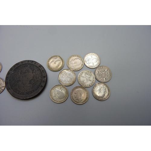 7187 - A collection of 3d coins, half silver and full silver, 1797 cartwheel penny