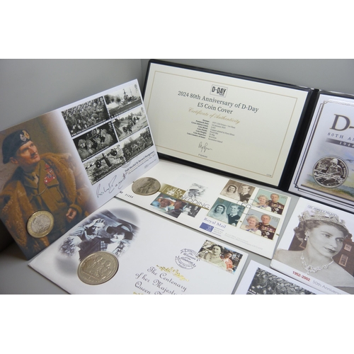 7188 - Nine coin covers including VE Day, D-Day 80th Anniversary, Montgomery and Royalty, two signed, and o... 