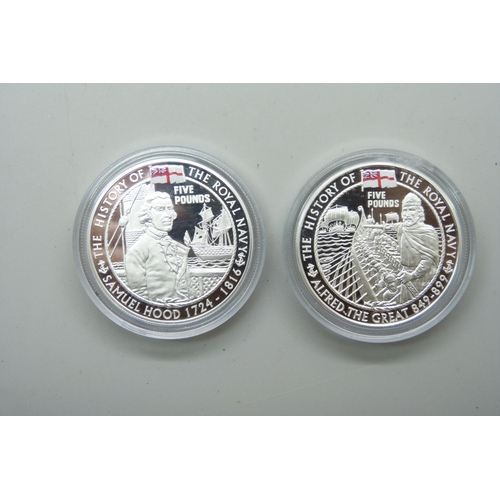 7195C - Two 1oz. silver proof £5 coins, with certificates,  2003 and 2004