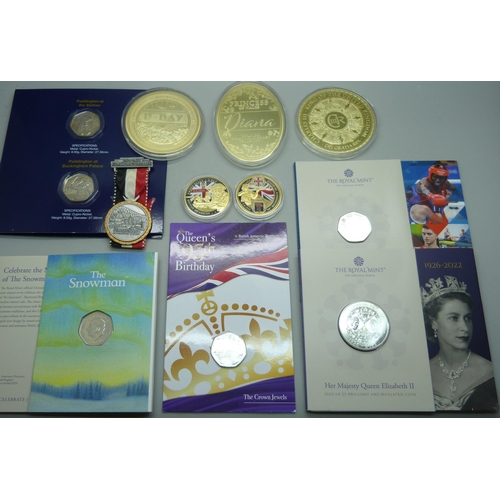 7195F - A collection of coins; Charles III King of the UK, Cu gold plated, 70mm, D-Day Operation Overlord, N... 