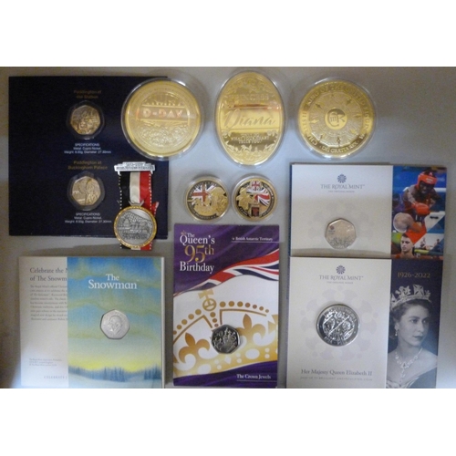 7195F - A collection of coins; Charles III King of the UK, Cu gold plated, 70mm, D-Day Operation Overlord, N... 