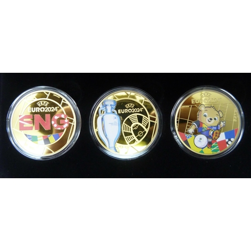 7195H - Three coin set, The Official UEFA Euro 2024 with certificate of authenticity, No. 045/999, two Euro ... 