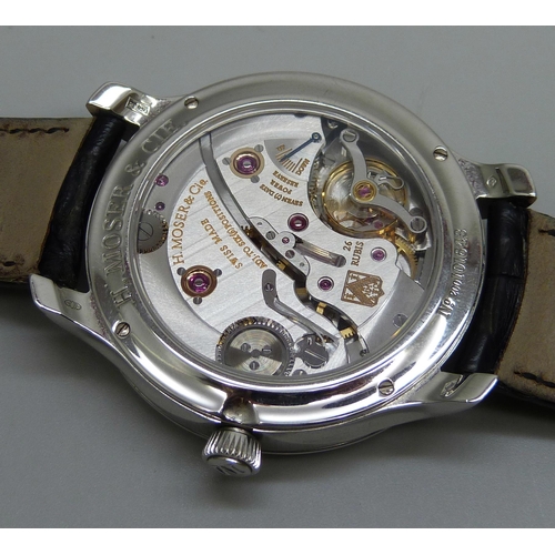 7268 - An H. Moser & Cie Monard platinum manual wind wristwatch with exhibition case back and power reserve... 